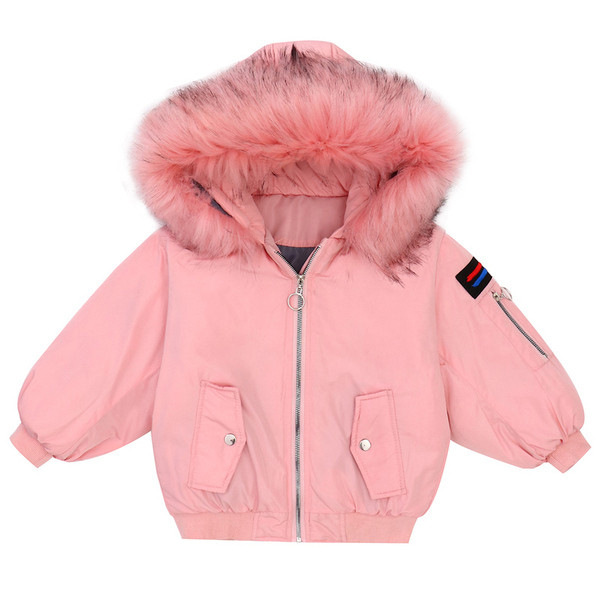 Есенно-зимно детско яке за момичета с пух на качулката в черен и розов цвят 
