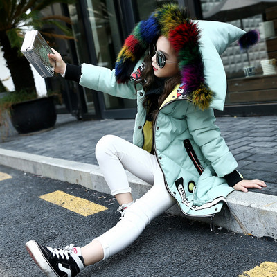 Зимно детско яке за момичета с метални елементи и цветен пух в три цвята