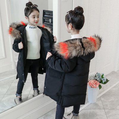 Модерно детско зимно яке за момичета дълъг модел с цветен пух в три цвята