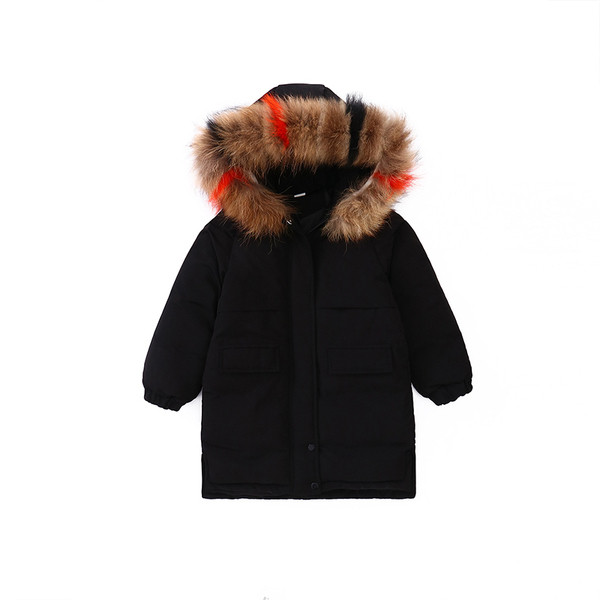 Модерно детско  зимно яке за момичета дълъг модел с цветен пух в три цвята 