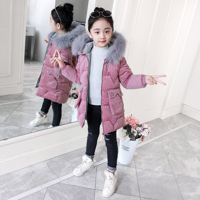 Модерно детско яке за момичета с цветна бродерия и качулка с пух в два цвята