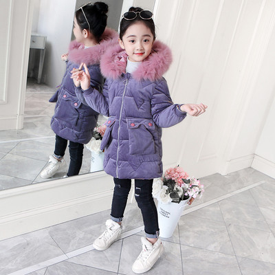 Модерно детско яке за момичета с цветна бродерия и качулка с пух в два цвята