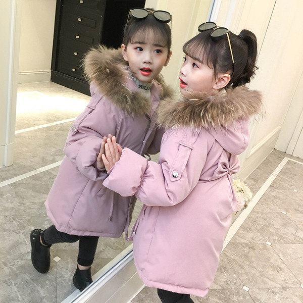 Детско зимно яке с панделка и пух на качулката в три цвята 