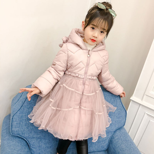 Модерно детско яке разкроен модел с тюл и качулка в розов цвят