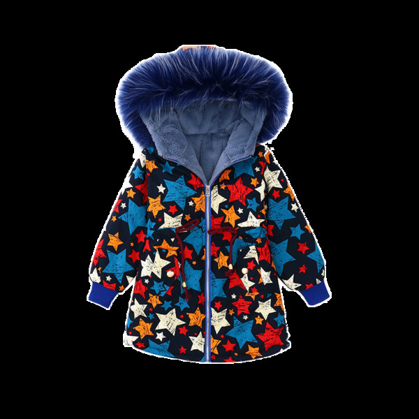 Детско зимно яке за момичета с цветен десен и качулка с пух