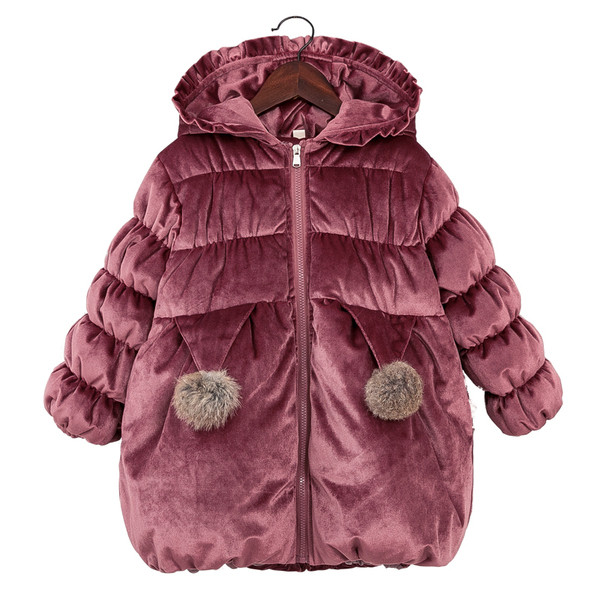 Стилно детско яке от кадифе с пух и панделка в син и розов цвят