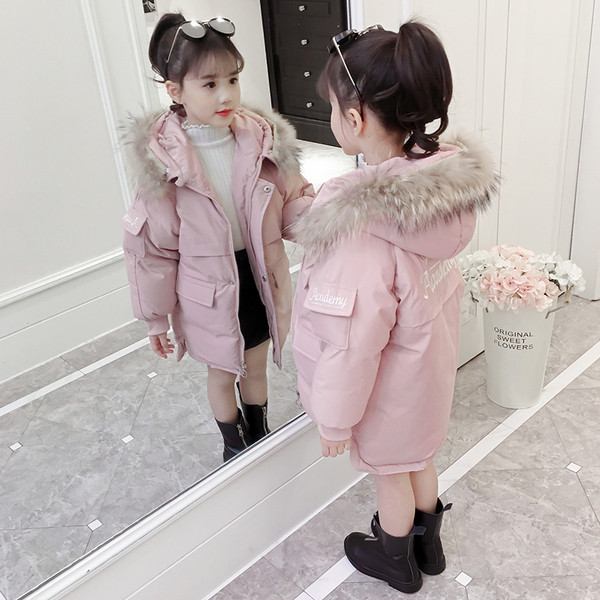 Модерно детско зимно яке за момичета с пух на качулката в три цвята 