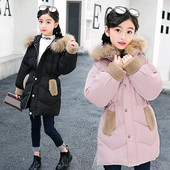 Стилно детско яке за момичета с еластична талия и качулка с пух в няколко цвята