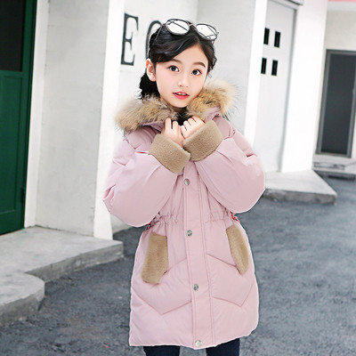 Стилно детско яке за момичета с еластична талия и качулка с пух в няколко цвята