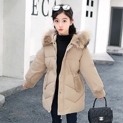 Стилно детско яке за момичета с еластична талия и качулка с пух в няколко цвята