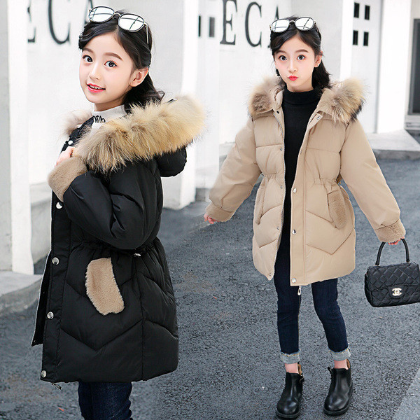 Стилно детско яке за момичета с еластична талия и качулка с пух в няколко цвята