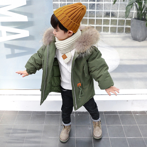 Модерно детско зимно яке за момчета с качулка с пух в няколко цвята