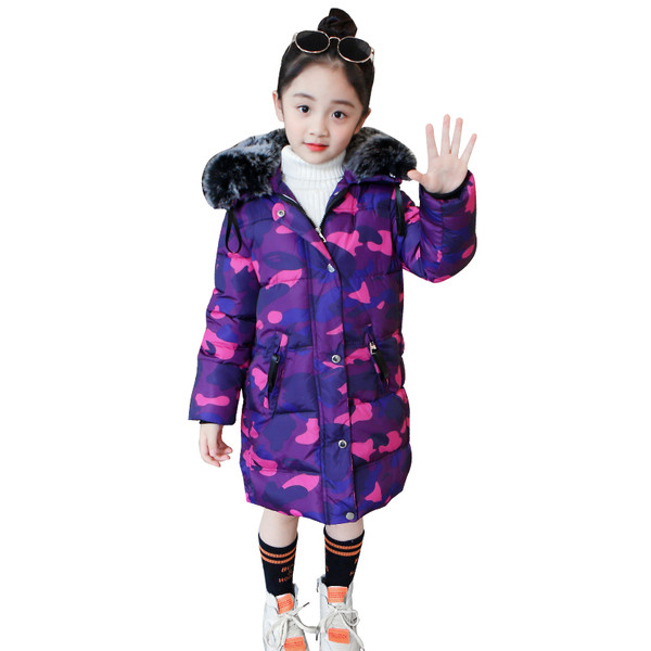 Zöld és lila álcázó mintás hosszú gyerekmodell kabát