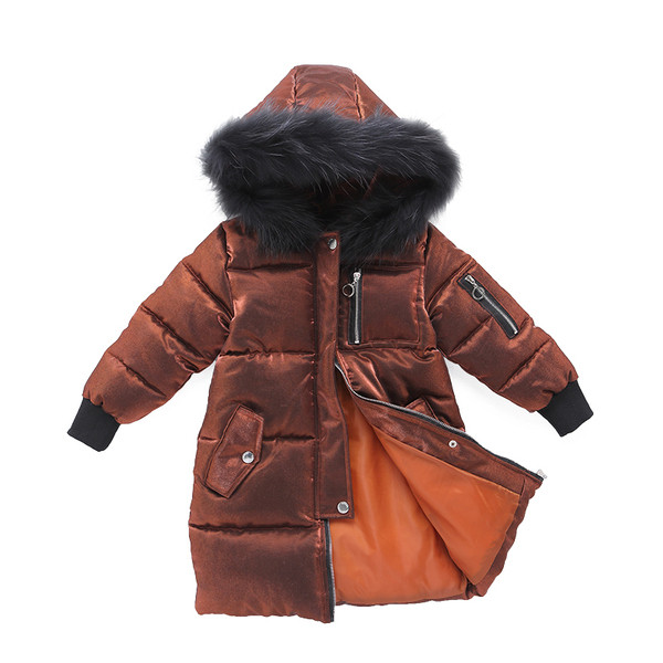 Stílusos gyermekkabát lányoknak, fényes hatással kék, rózsaszín és barna színben