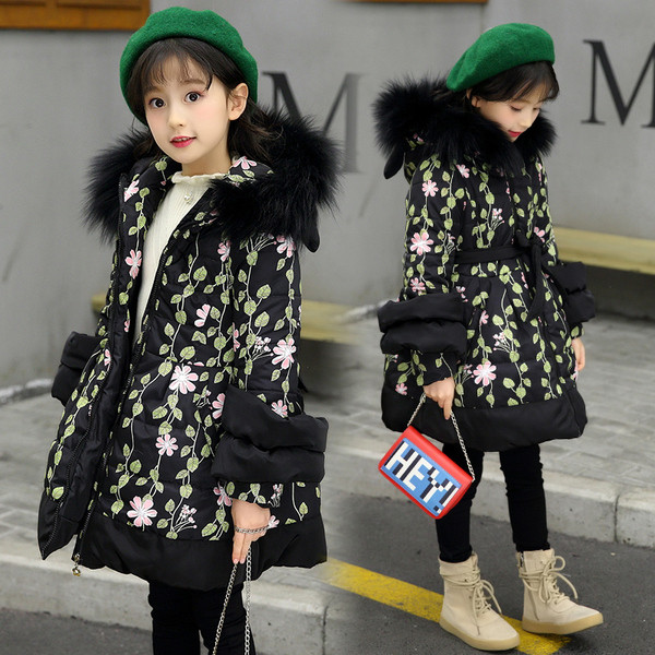 Modern gyerekkabát lányoknak, széles modell virágos motívumokkal, három színben