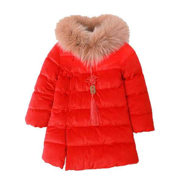Modern gyerekkabát lányoknak piros pehelyszínnel