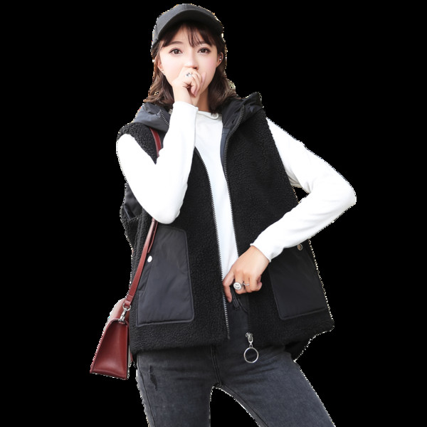 Meleg női mellény kapucnival fekete színben