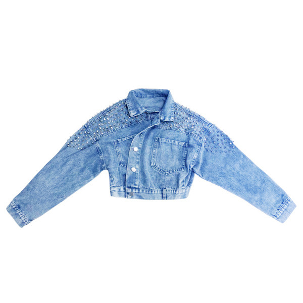 Късо дамско дънково яке с метални елементи в син цвят