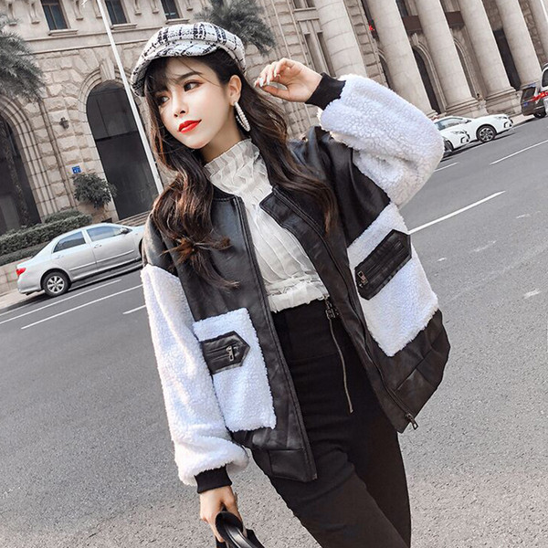 Modern női műbőr kabát O-alakú gallérral és zsebekkel több színben