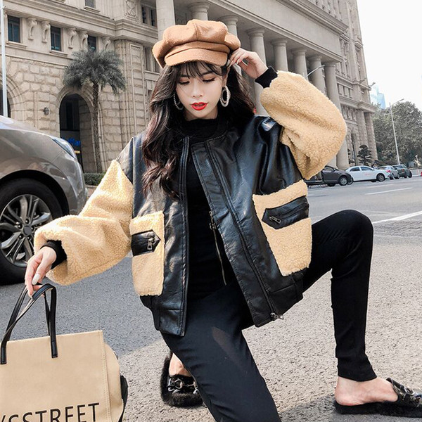 Modern női műbőr kabát O-alakú gallérral és zsebekkel több színben