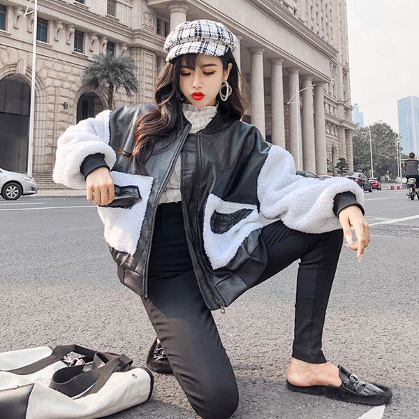 Modern női műbőr kabát O-alakú gallérral és zsebekkel több színben