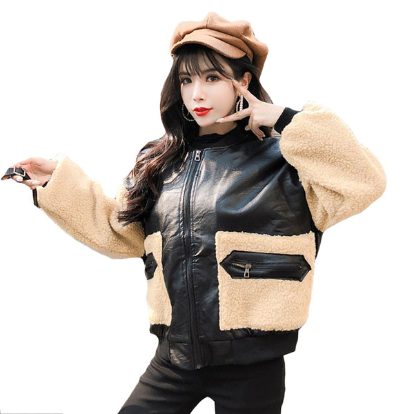 Modern női műbőr kabát O-alakú gallérral és zsebekkel több színben