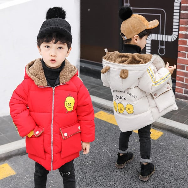 Téli gyerekdzseki fiúknak 3D kapucnival, piros, fekete és fehér színben