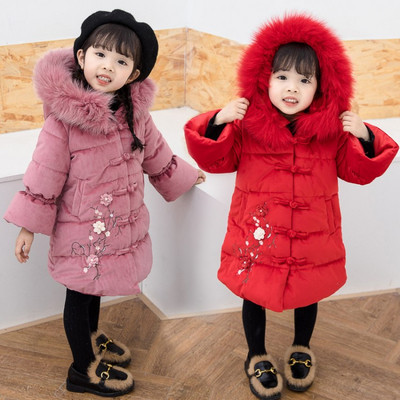 Зимно детско яке за момичета с флорална бродерия в няколко цвята