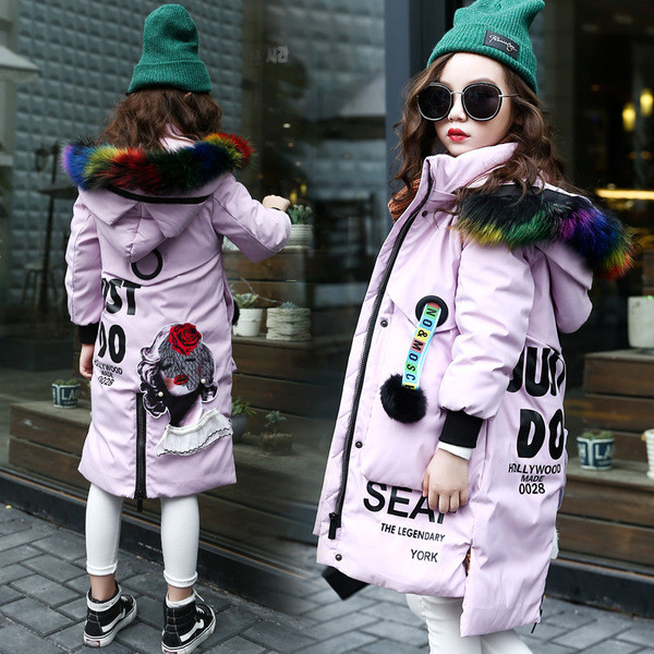 Modern gyerekkabát színes pehely hosszú modellel három színben