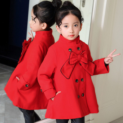 Стилно детско яке за момичета разкроен модел с панделка в червен цвят