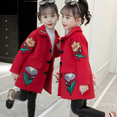 Модерно детско палто за момичета с флорална бродерия в три цвята