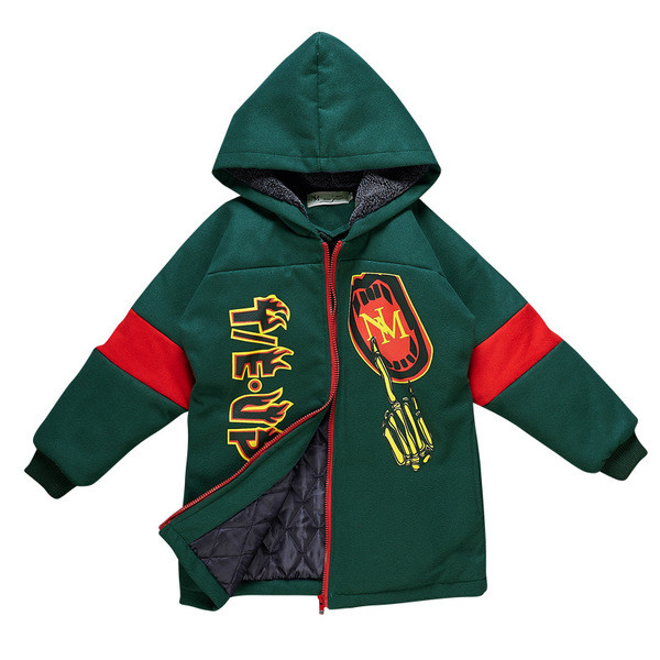 Modern gyerek kabát fiúknak, színes díszítéssel