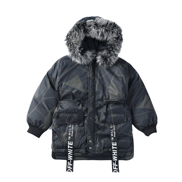 Téli gyerekdzseki fiúknak, kapucnival, sötét színű pehellyel