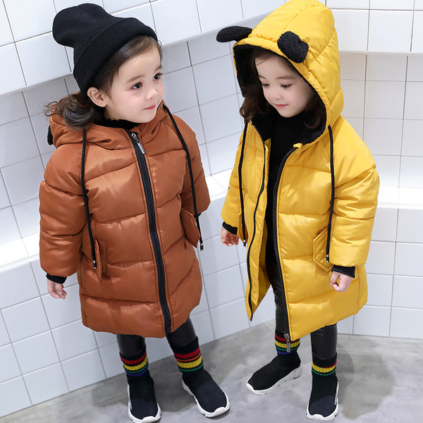 Χειμερινό μακρύ παιδικό μπουφάν με κουκούλα σε διάφορα χρώματα