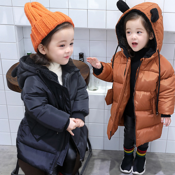 Χειμερινό μακρύ παιδικό μπουφάν με κουκούλα σε διάφορα χρώματα