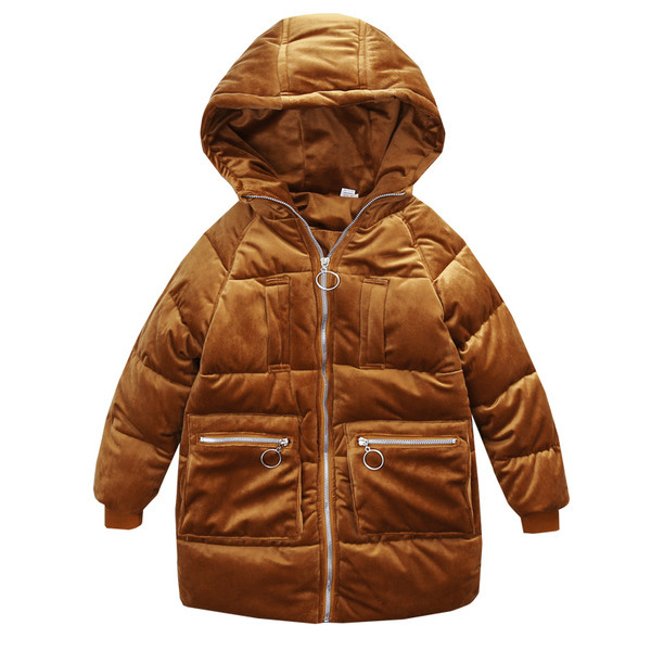 Modern gyerekkabát hosszú modell kapucnival, alkalmas fiúknak és lányoknak