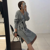 Női téli ruha V-nyakú nyakkendővel több színben