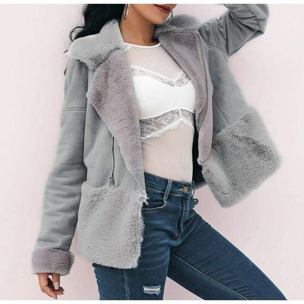 Стилно  дамско палто с V-образна яка в сив цвят