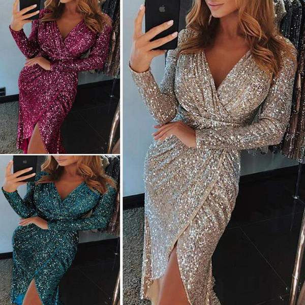 Stílusos női ruha mély V-nyakkal, több színben