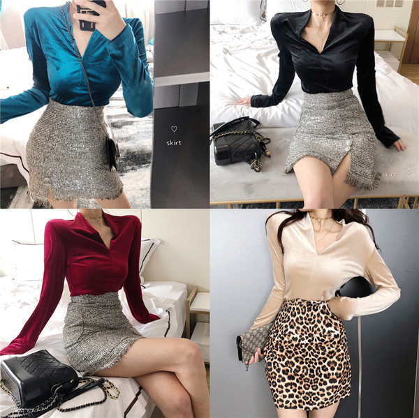 Stílusos női blúz V-nyakú bársony nyakkivágással