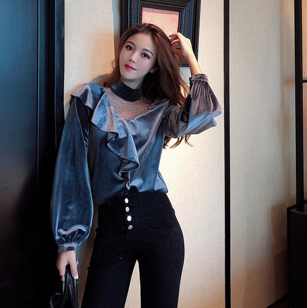 Stílusos női bársony blúz csipkével, két színben