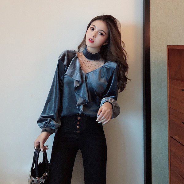 Stílusos női bársony blúz csipkével, két színben