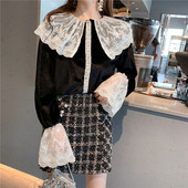 Дамска риза ретро модел в черен цвят с дантела