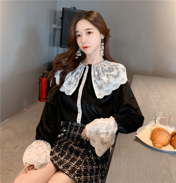 Дамска риза ретро модел в черен цвят с дантела