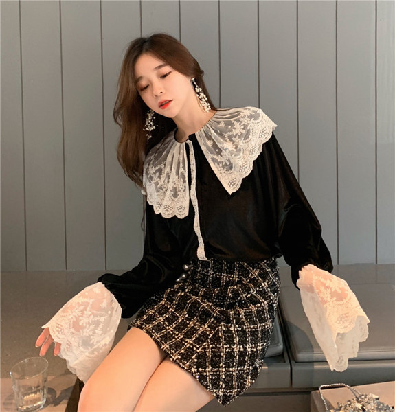 Дамска риза ретро модел в черен цвят с дантела