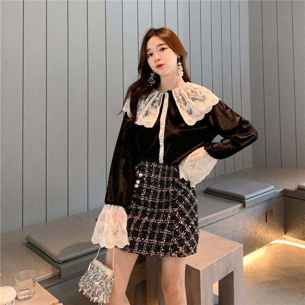 Дамска риза ретро модел в черен цвят с дантела