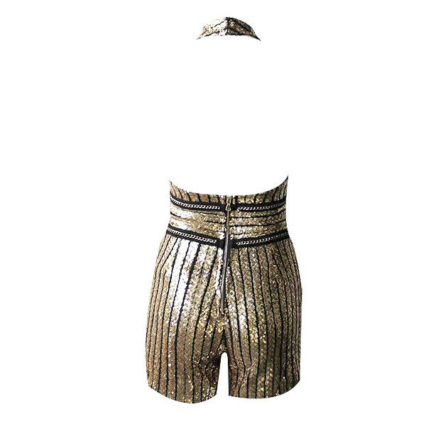 Stílusos női jumpsuit rövid modell V-nyakú arany és piros színben