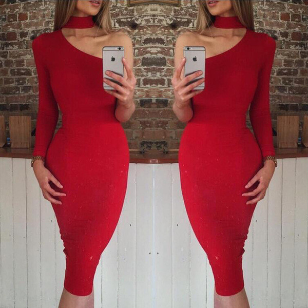 Κομψό γυναικείο φόρεμα με ένα μανίκι Slim μοντέλο σε τέσσερα χρώματα