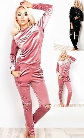 Γυναικείο  βελούδο σετ με φερμουάρ σε μαύρο και ροζ χρώμα