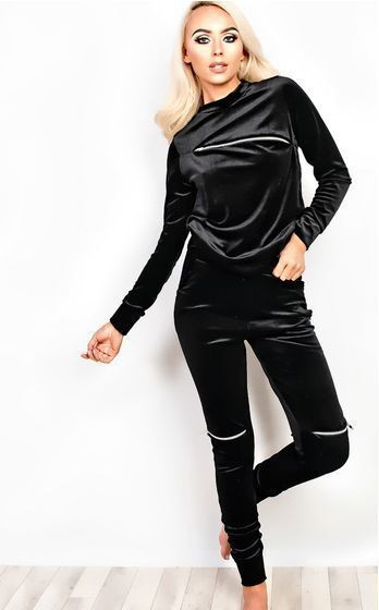 Γυναικείο  βελούδο σετ με φερμουάρ σε μαύρο και ροζ χρώμα